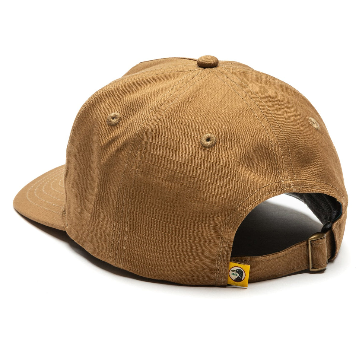 Duck Head Fly Lure Ripstop Unstructured 5 Panel Hat in Bronze Brown, rear view showing adjustable strap and yellow brand label