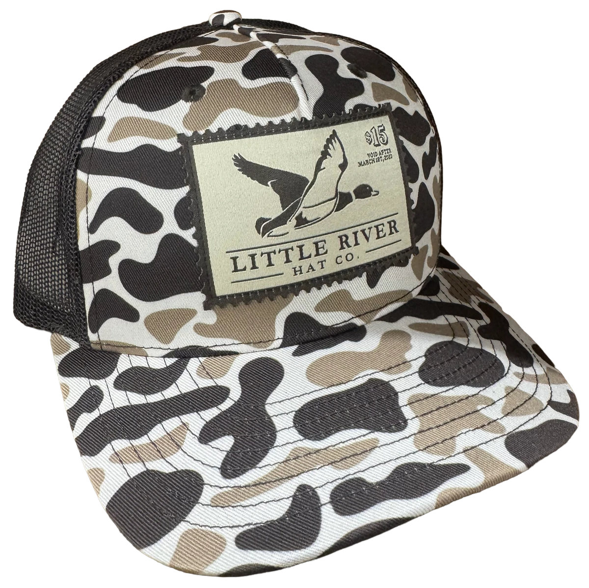 Little River Hat Co. Duck Stamp 112 trucker hat in Dirt Road Camo with black mesh back