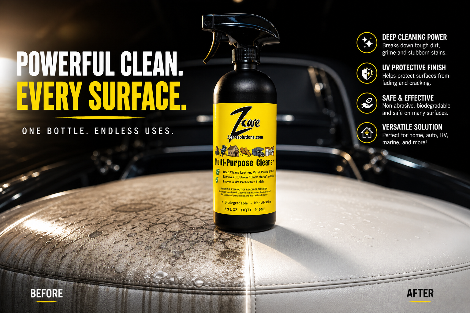 ZCare Multi-Purpose Cleaner spray bottle with yellow label showing before and after cleaning results