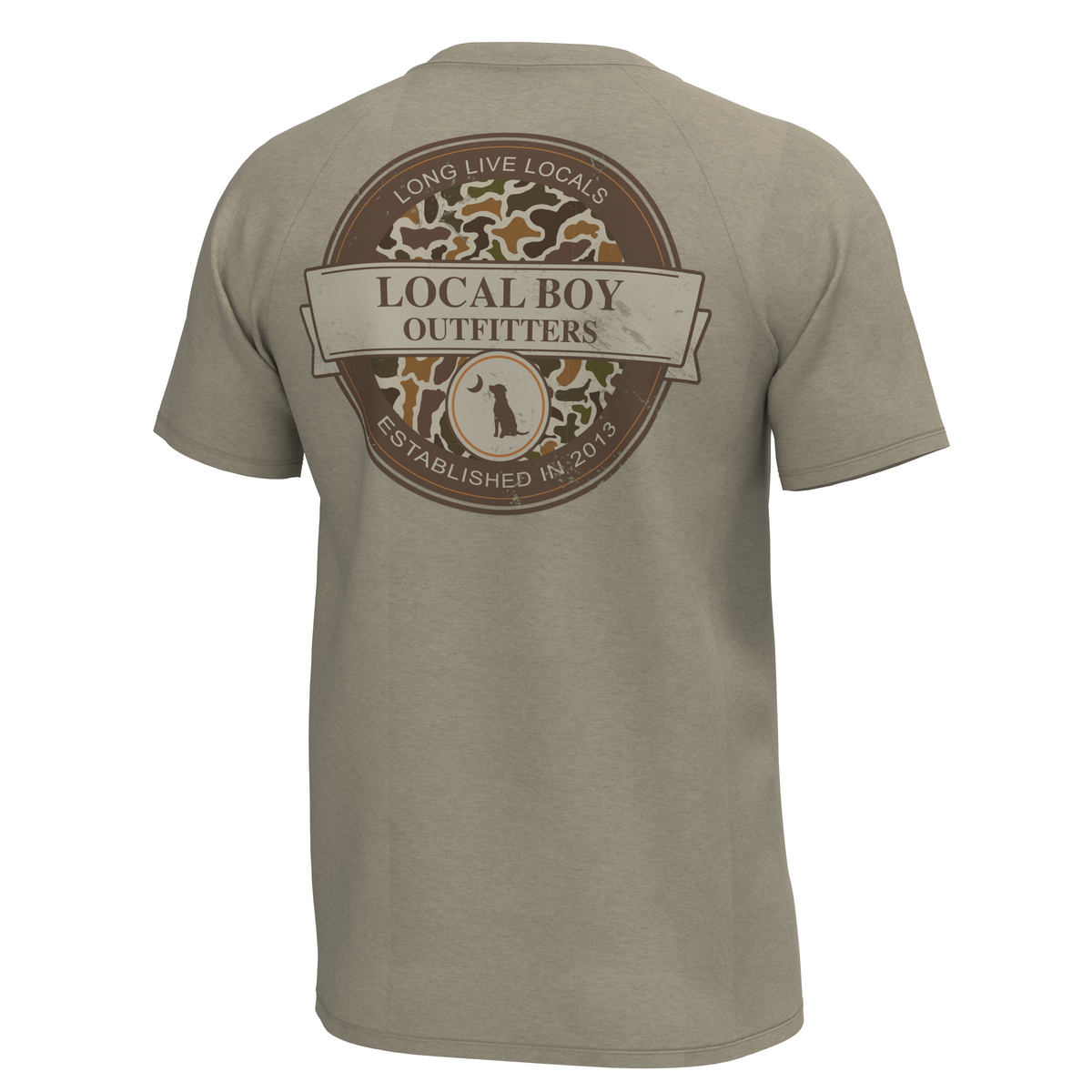 Local Boy Outfitters Graphic Vintage Sphere Sand Tee back view with camo circle logo