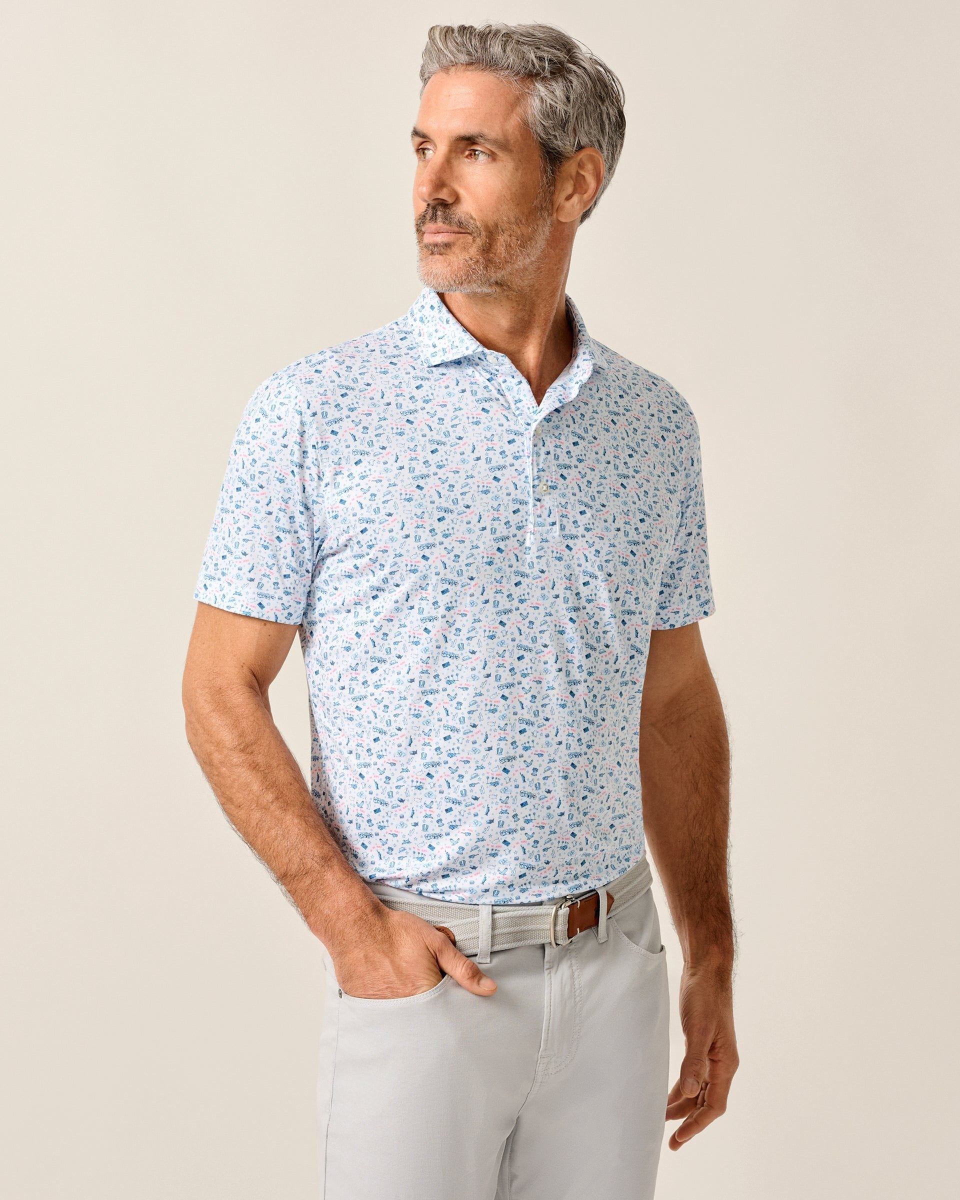 Johnnie-O Jo America Polo in Barracuda - white shirt with blue and pink floral print