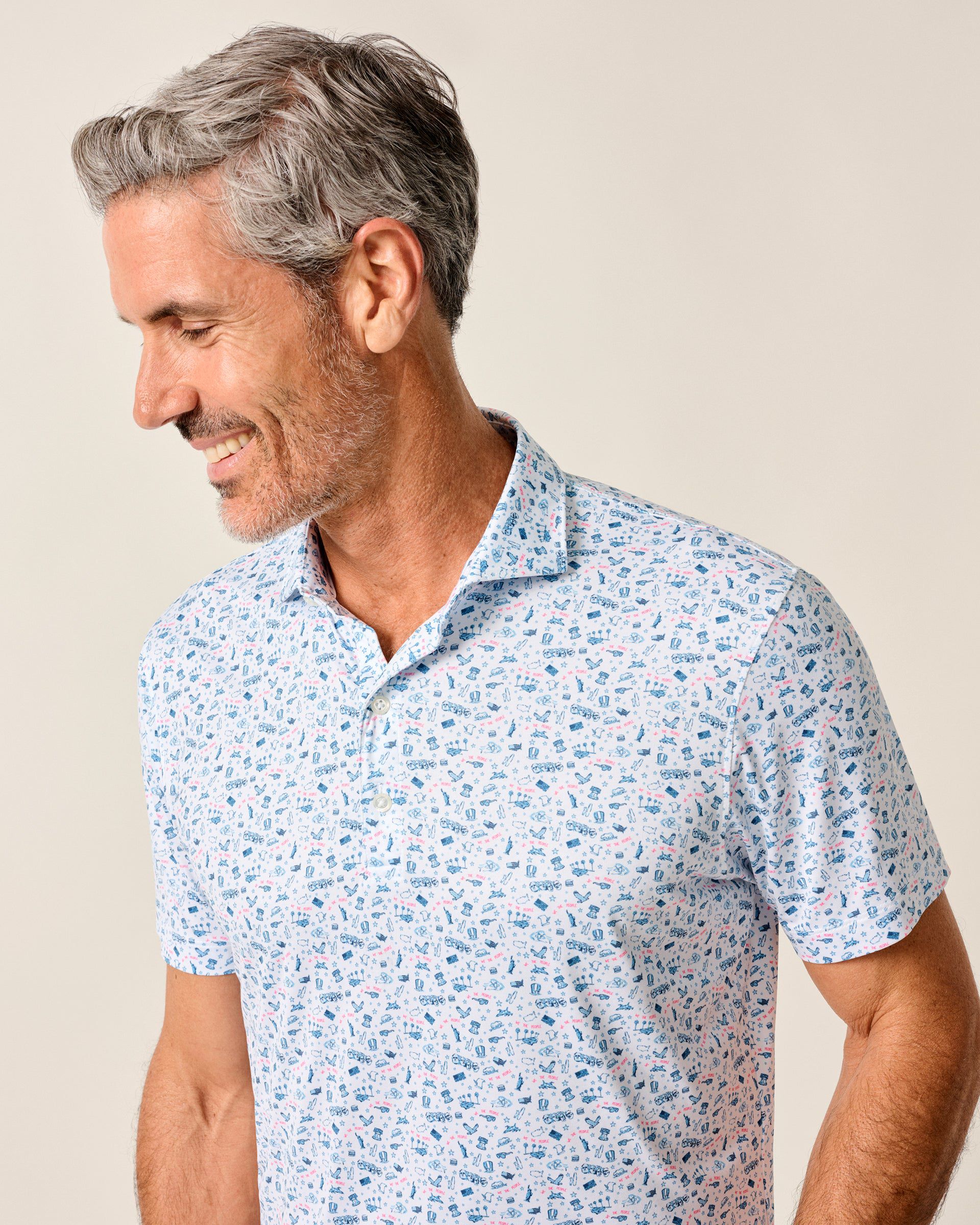 Johnnie-O Jo America Polo in Barracuda - white shirt with blue and pink micro pattern