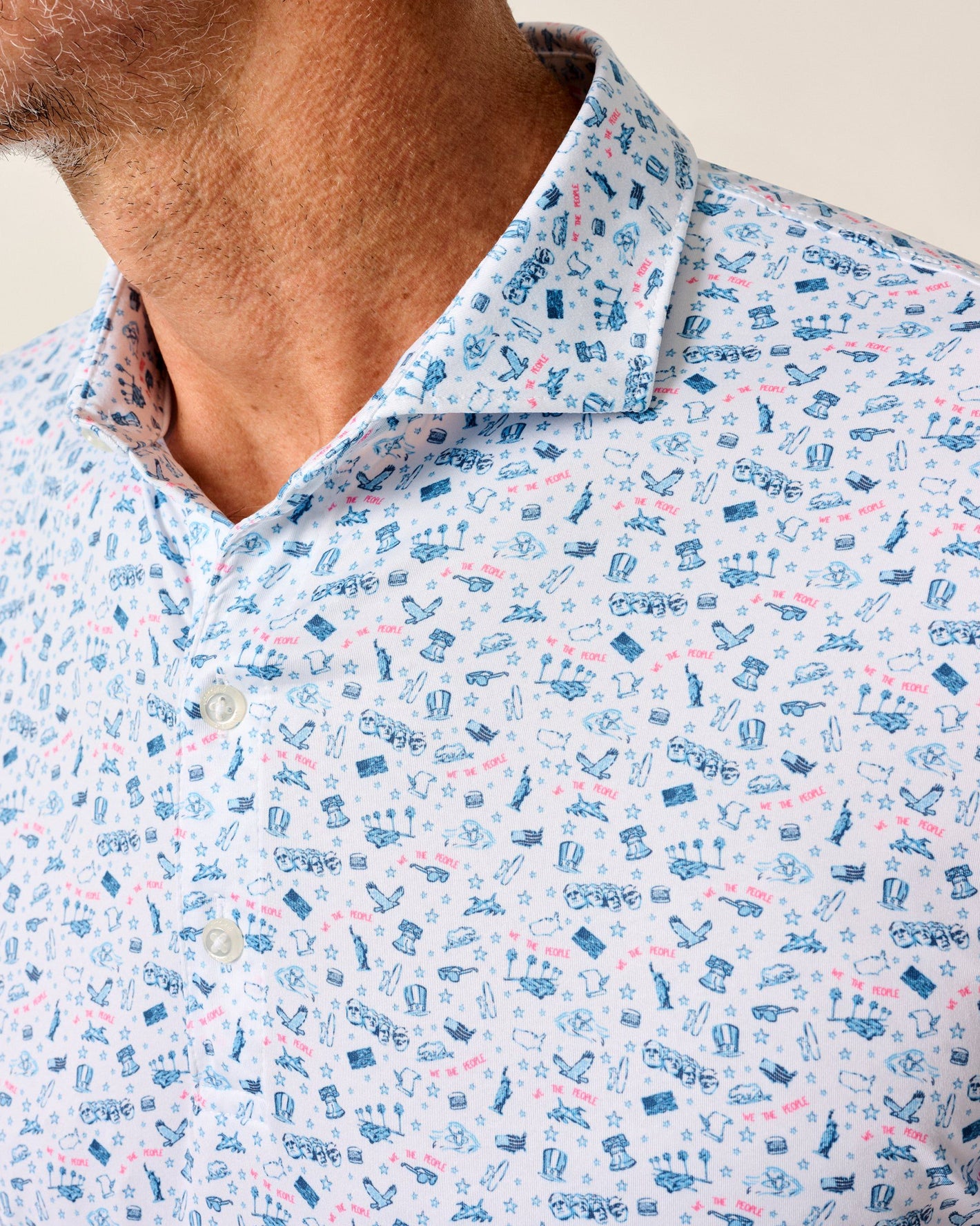 Johnnie-O Jo America Polo in Barracuda featuring light blue base with patriotic icon print