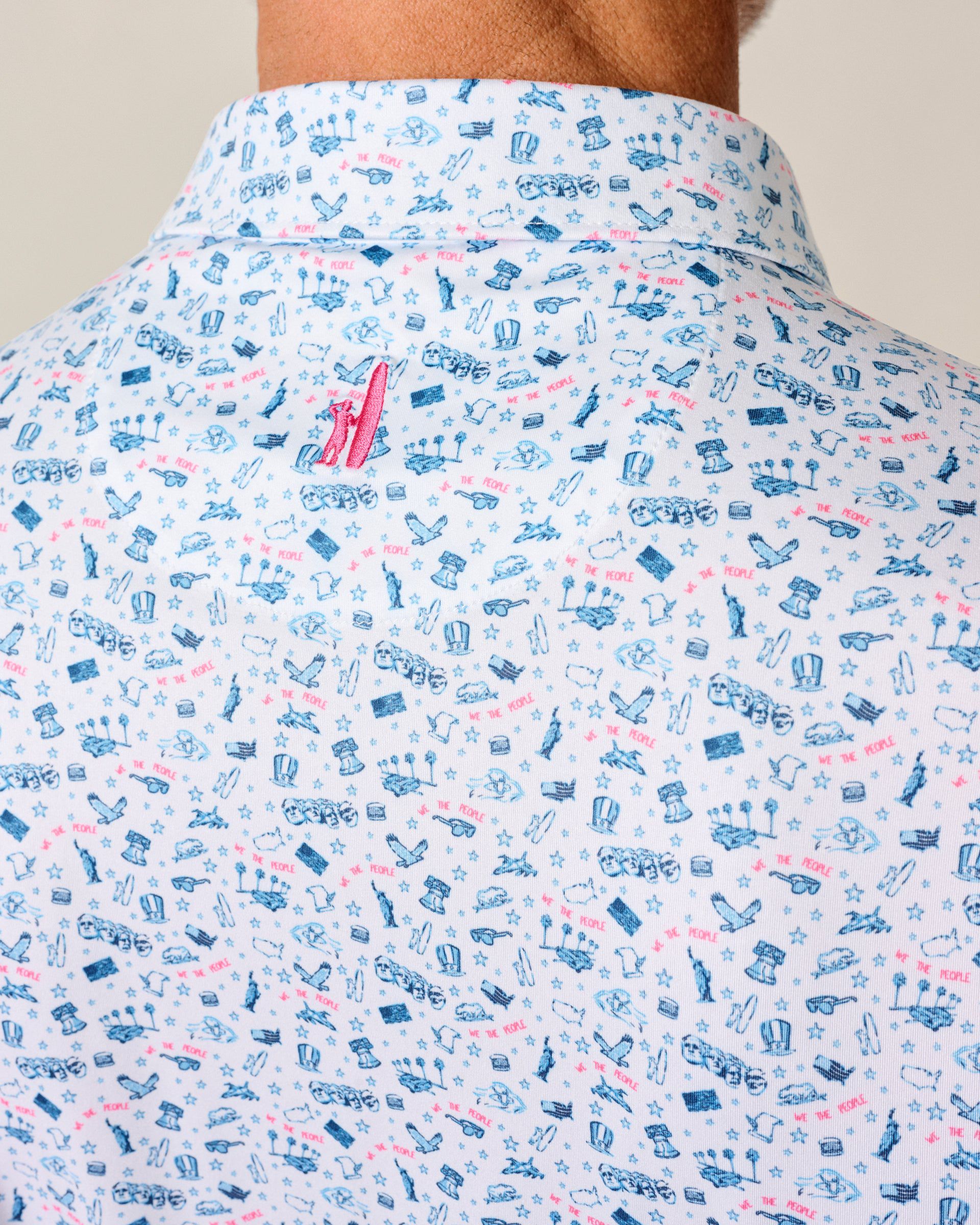 Johnnie-O Jo America Polo in Barracuda - white shirt with blue and pink patriotic pattern