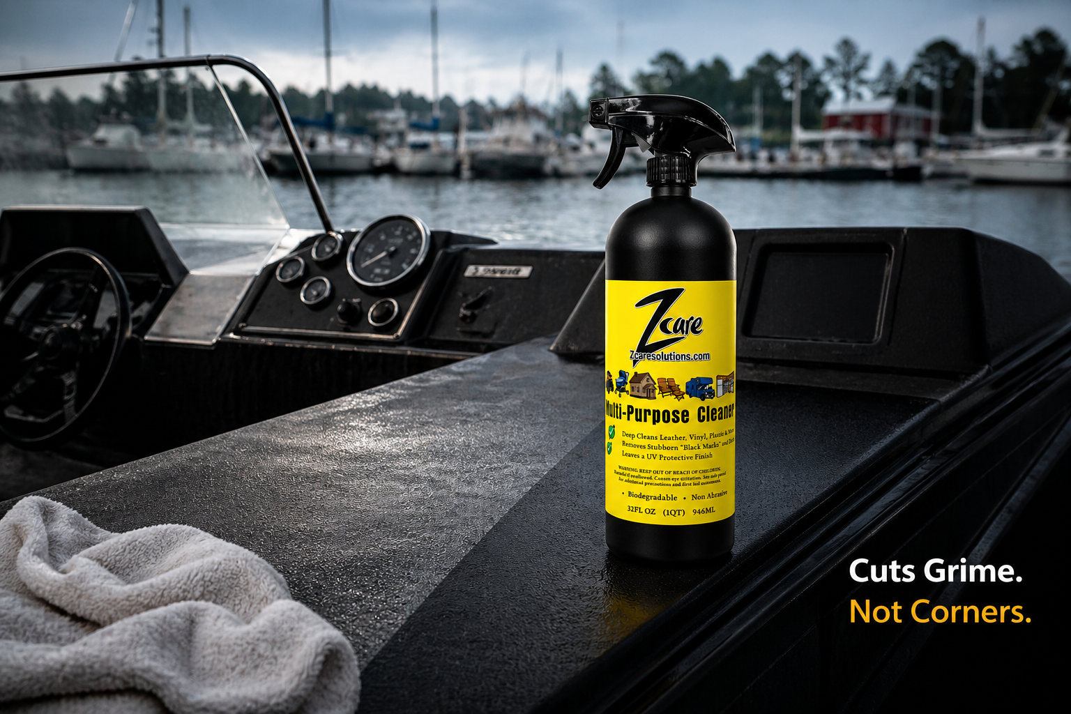 ZCare Multi-Purpose Cleaner black spray bottle with yellow label on boat dashboard
