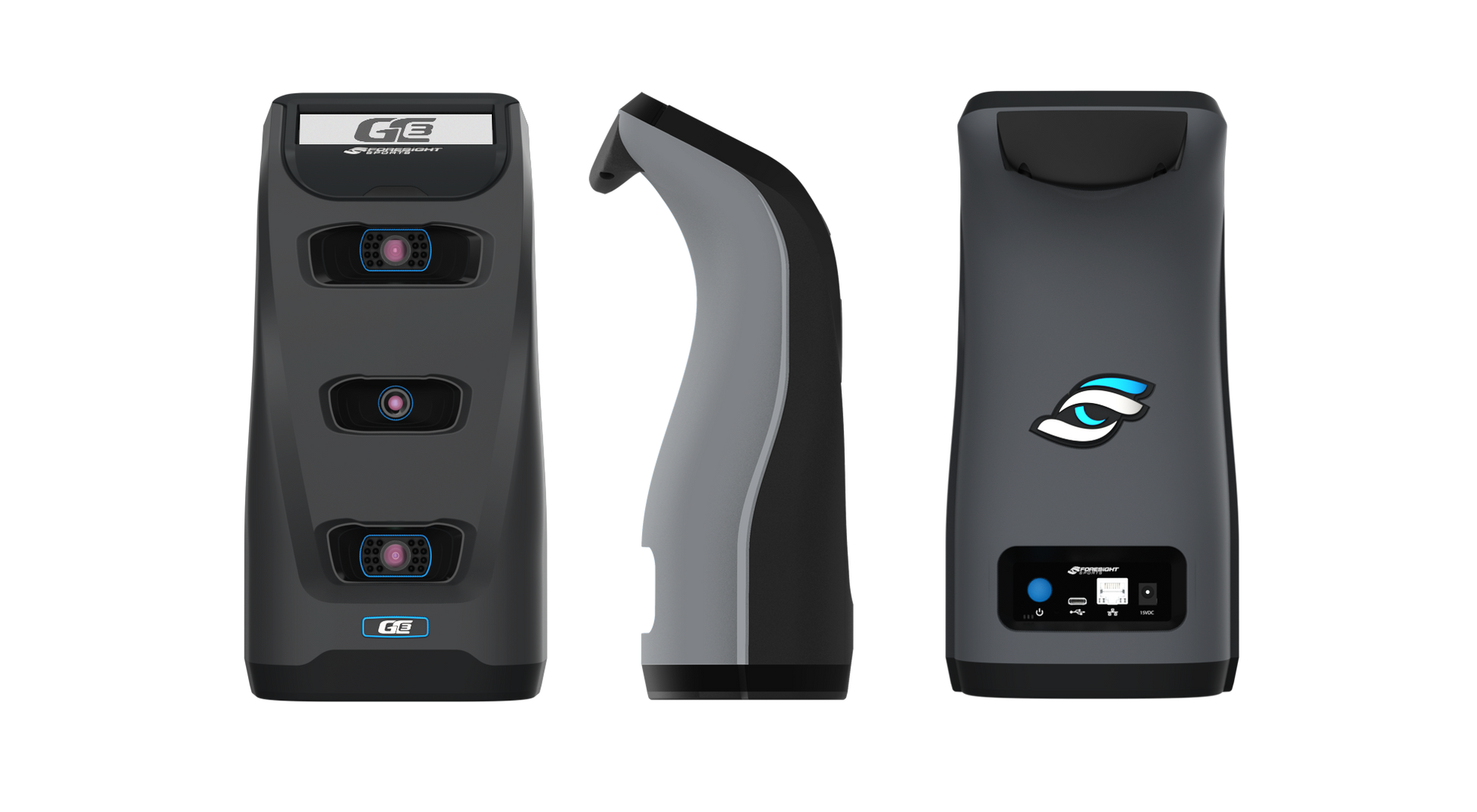Foresight Sports GC3 launch monitor shown from front, side, and rear angles in dark charcoal finish