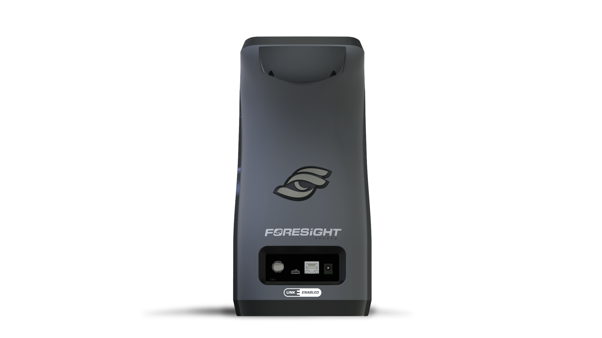 Foresight Sports QC3 launch monitor in dark charcoal gray with logo and connectivity ports, rear view
