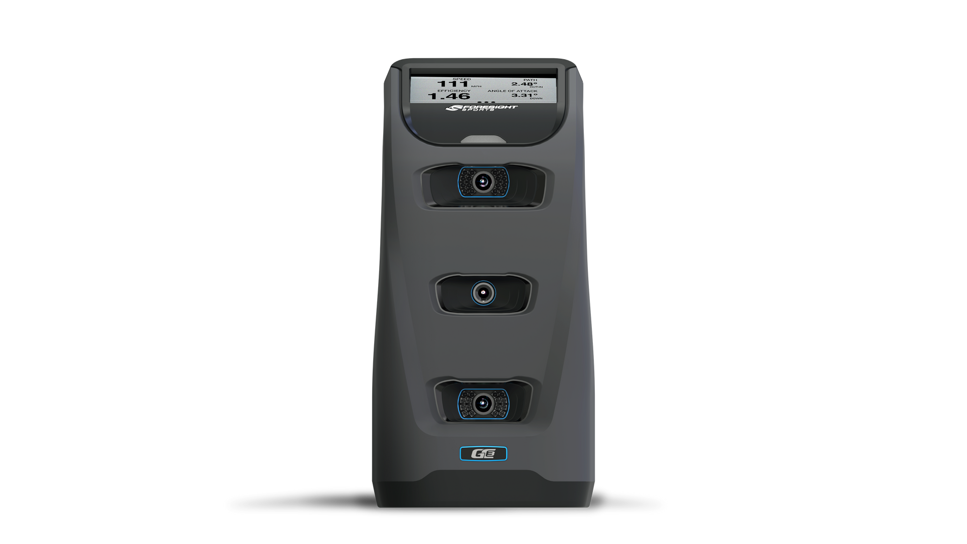 Foresight Sports GS launch monitor standing upright with three camera lenses and digital display screen
