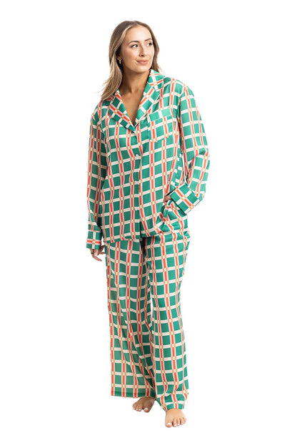 Green & Pink Plaid Satin Pajama Set