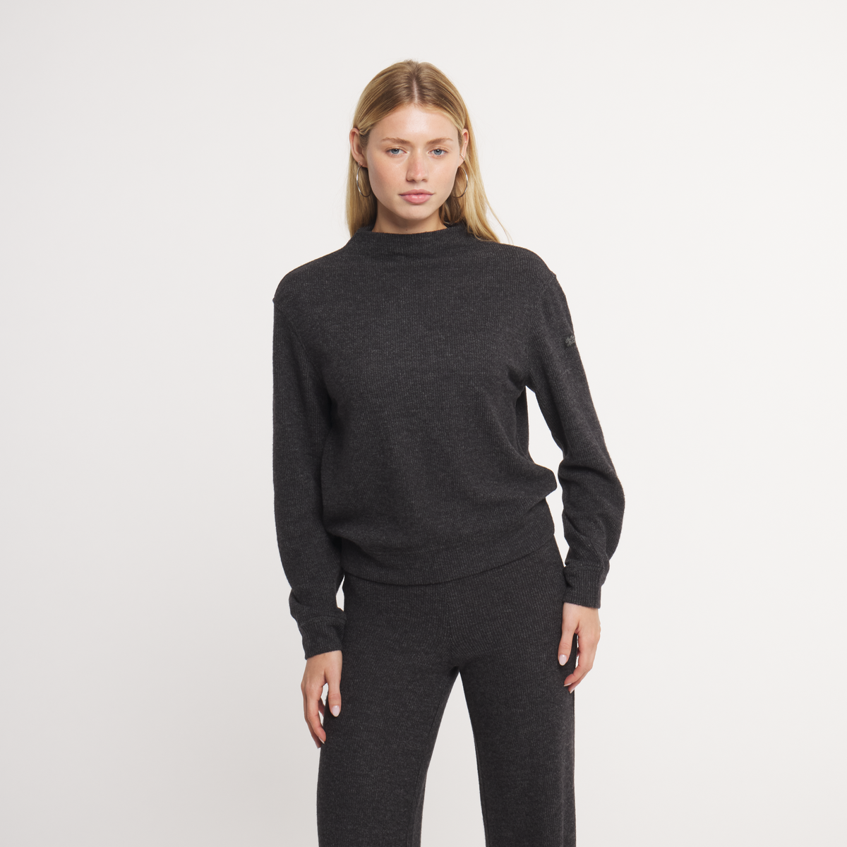 Southern Marsh Jaime Mock Neck Lounge Top in charcoal gray worn by female model