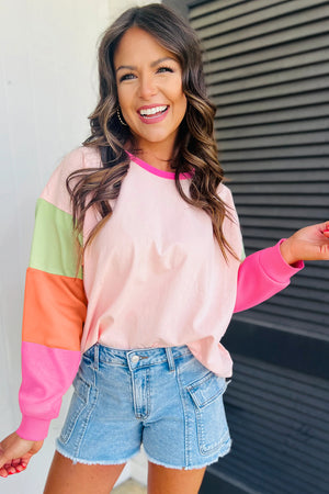 Pink Colorblock Long Sleeve Top