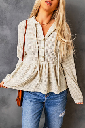 Apricot Waffle Knit Ruffled Hooded Top