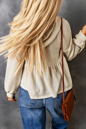 Apricot Waffle Knit Ruffled Hooded Top