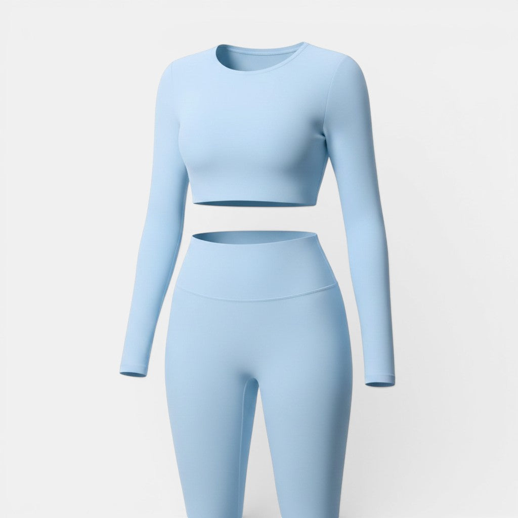 Katie Beth Activewear Mercifully Made Crop long sleeve top and leggings set in sky blue