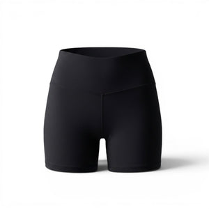 Mercifully Made Short in Midnight Black with crossover waistband and fitted athletic silhouette