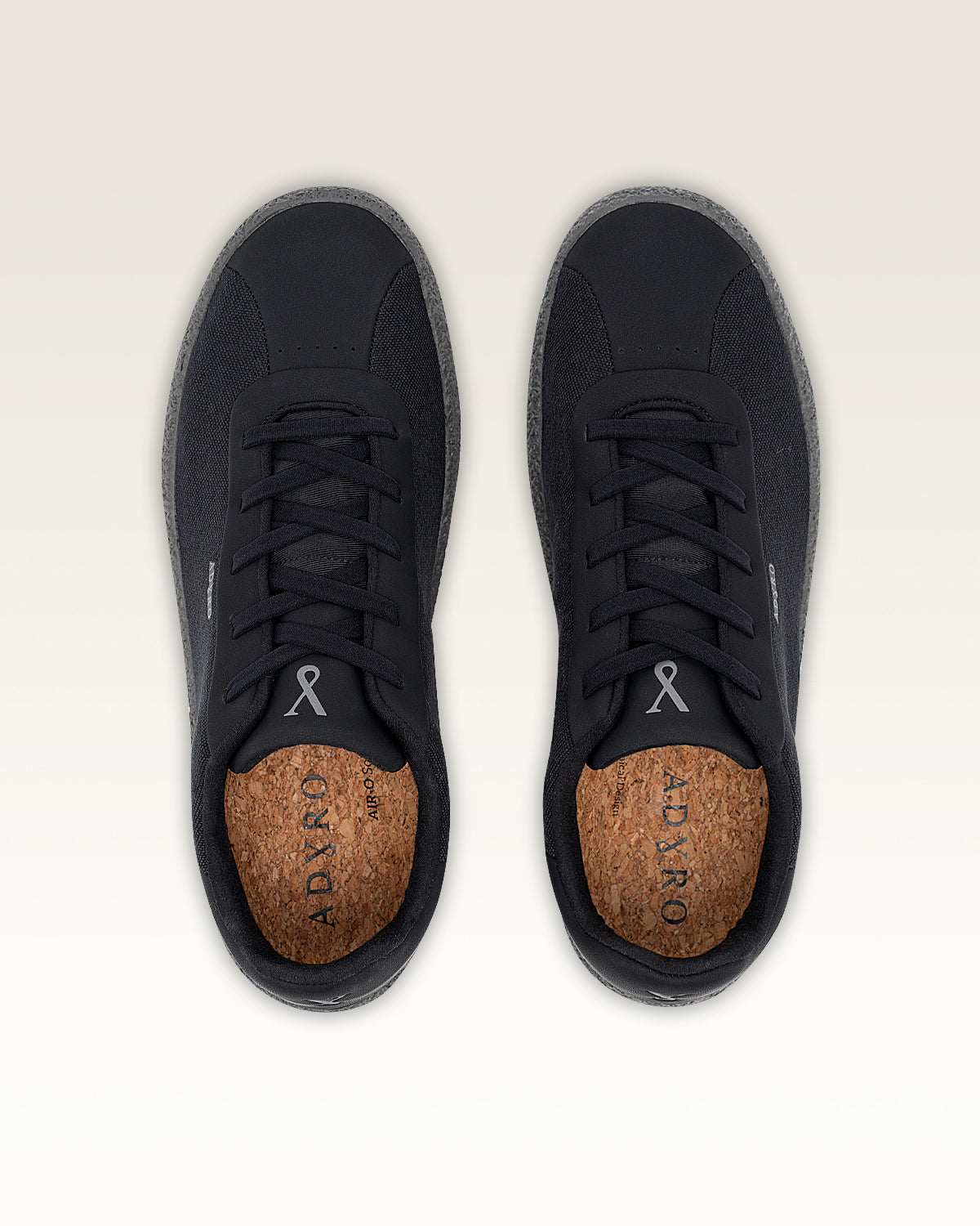 Adxro Primo 2.0 Jet Black sneakers top view with cork insoles and black laces