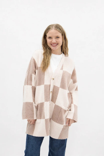 Checkered Cardigan - Tan & Cream