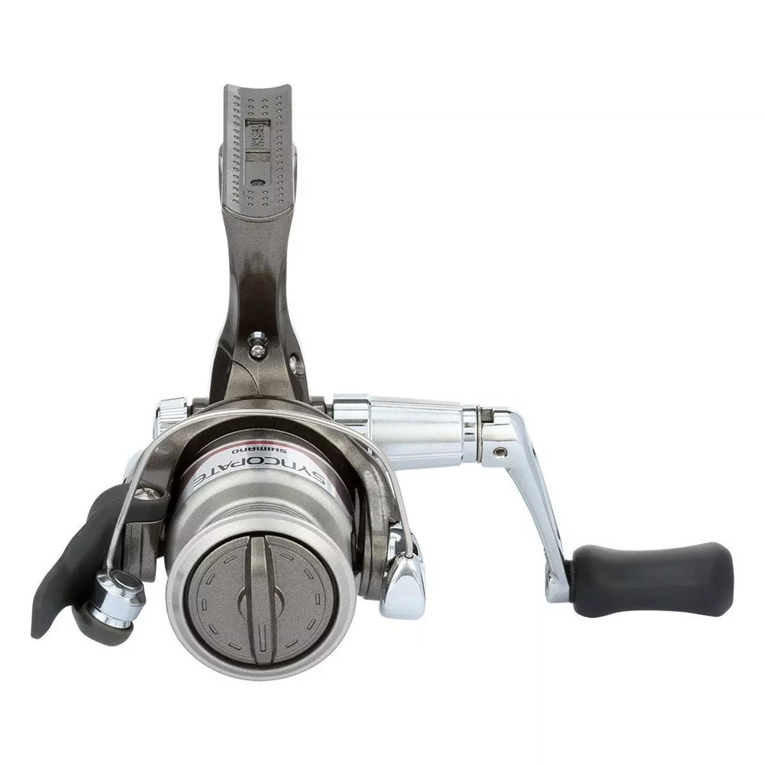 Shimano Syncopate spinning fishing reel in gunmetal grey with chrome accents and black handle