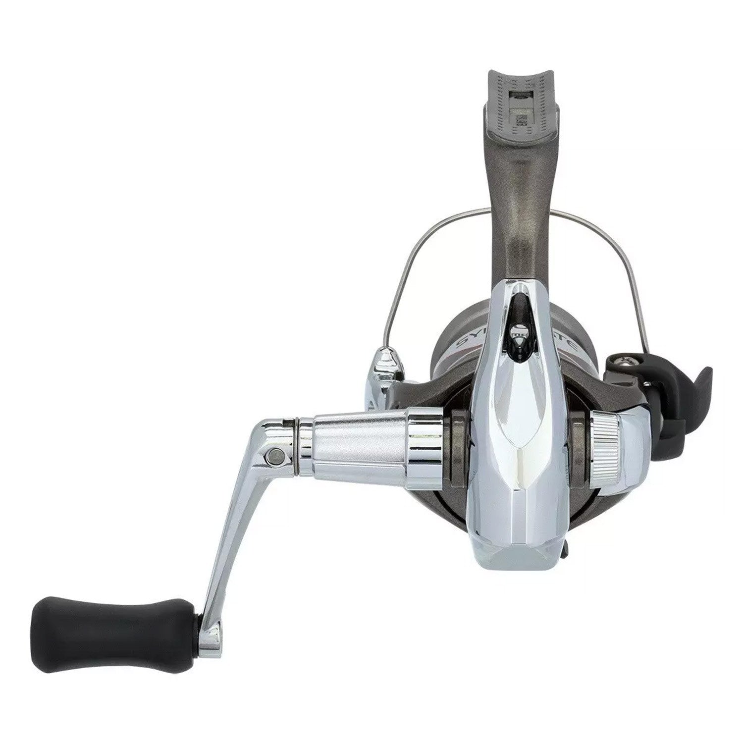 Shimano Syncopate spinning fishing reel in silver chrome and gunmetal gray finish with black handle