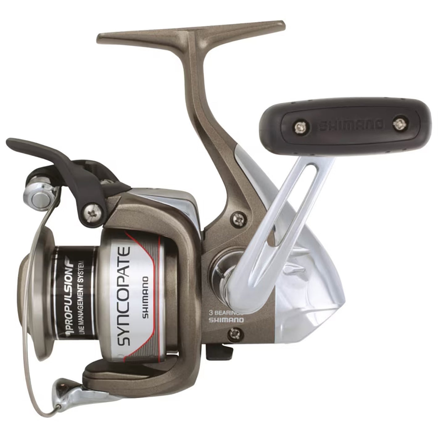 Shimano Syncopate spinning fishing reel in bronze and silver with black handle grip