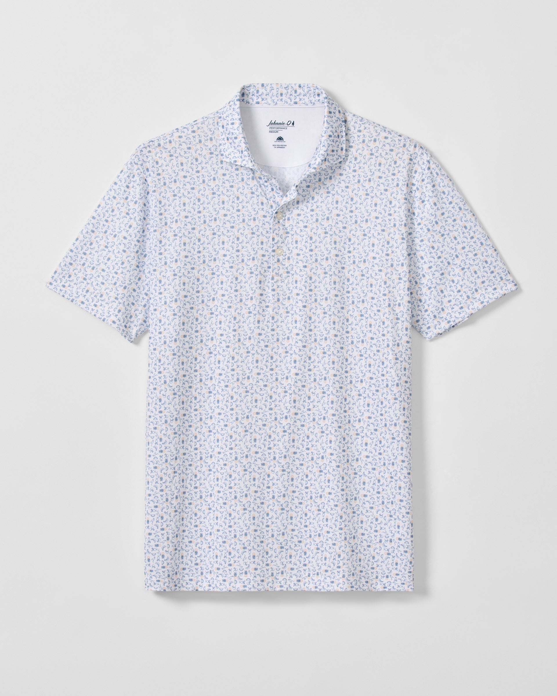 Johnnie-O Cabana Bar polo shirt in Carbon Fiber with blue floral pattern on white
