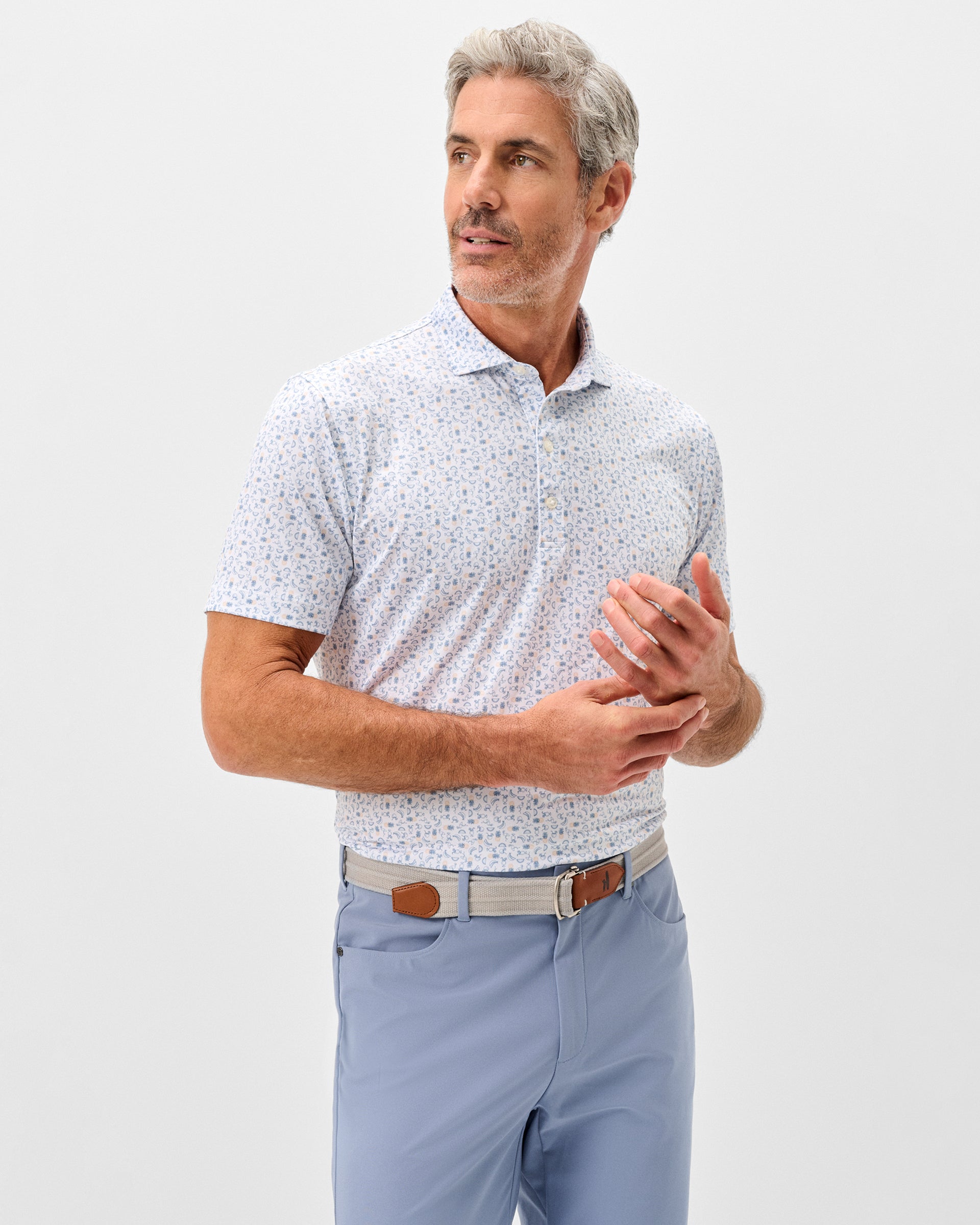 Johnnie-O Cabana Bar polo shirt in Carbon Fiber - white with blue gray pattern