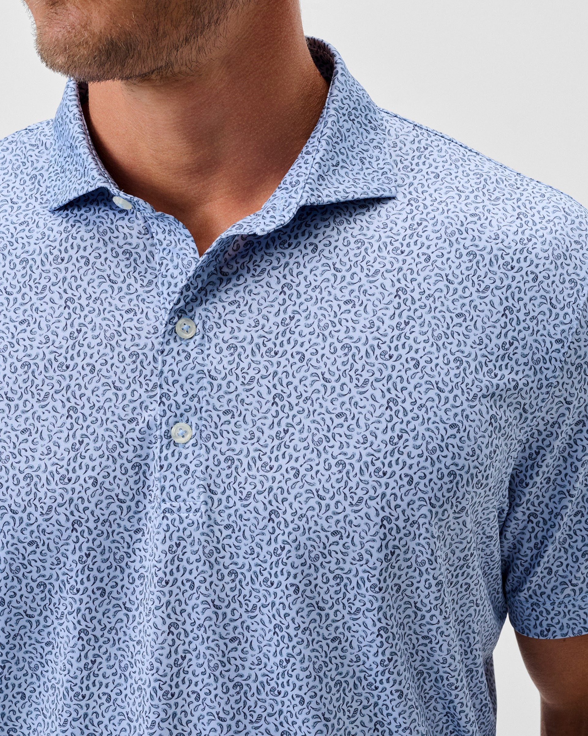 Johnnie-O Prawn Polo in Kona - light blue shirt with navy paisley print pattern
