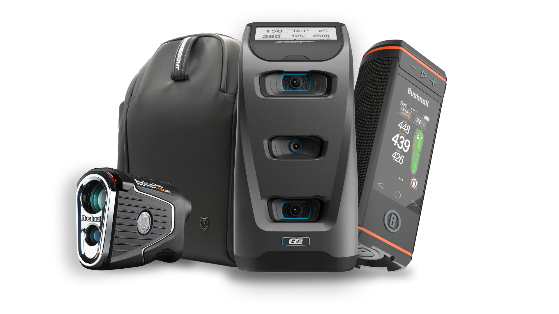 Foresight QC3 launch monitor bundle with Bushnell Pro X3 Link rangefinder and GPS device on white background