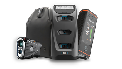 Foresight QC3 launch monitor bundle with Bushnell Pro X3 Link rangefinder and GPS device on white background