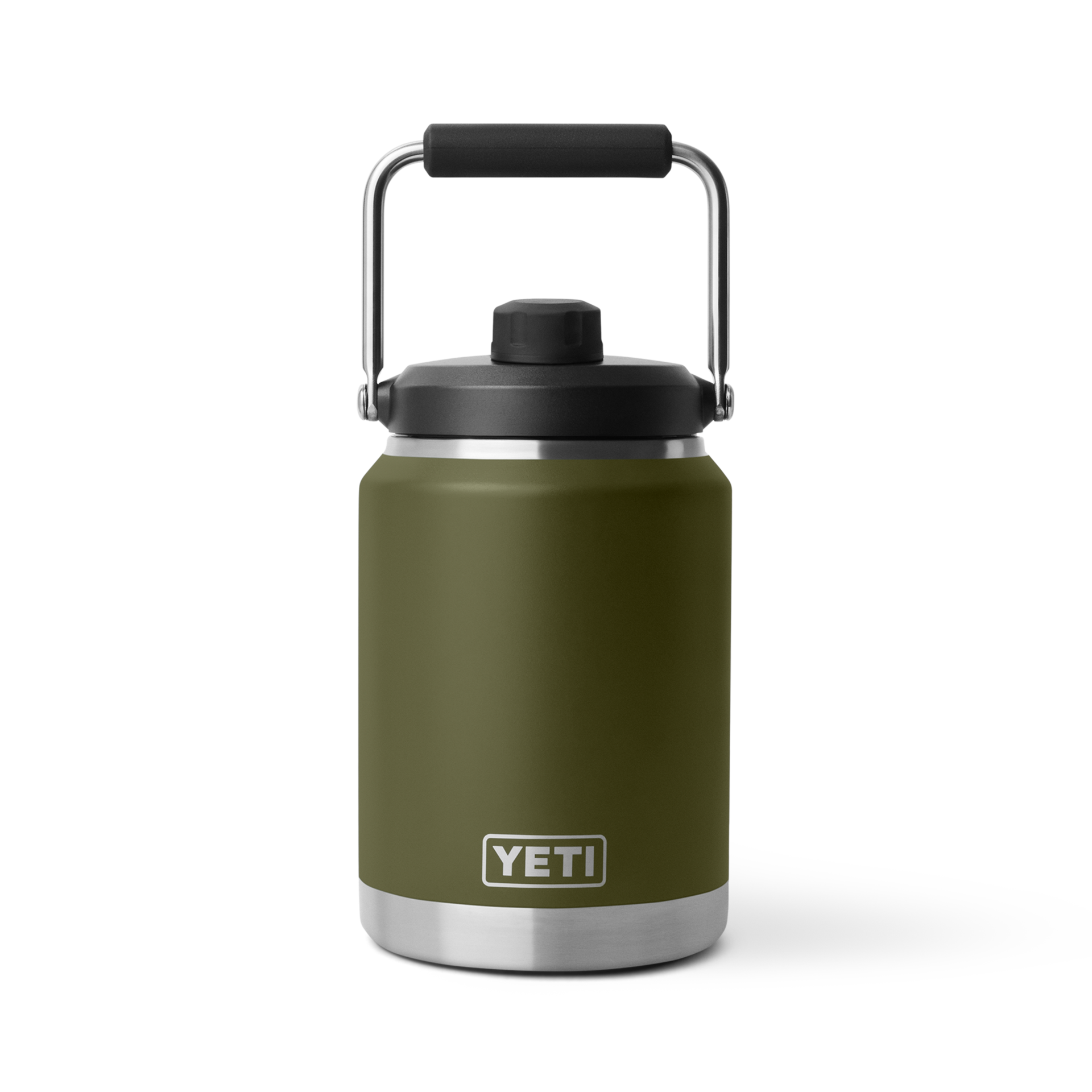 YETI Rambler Half Gallon Jug 2.0 in olive green with black lid and silver carry handle