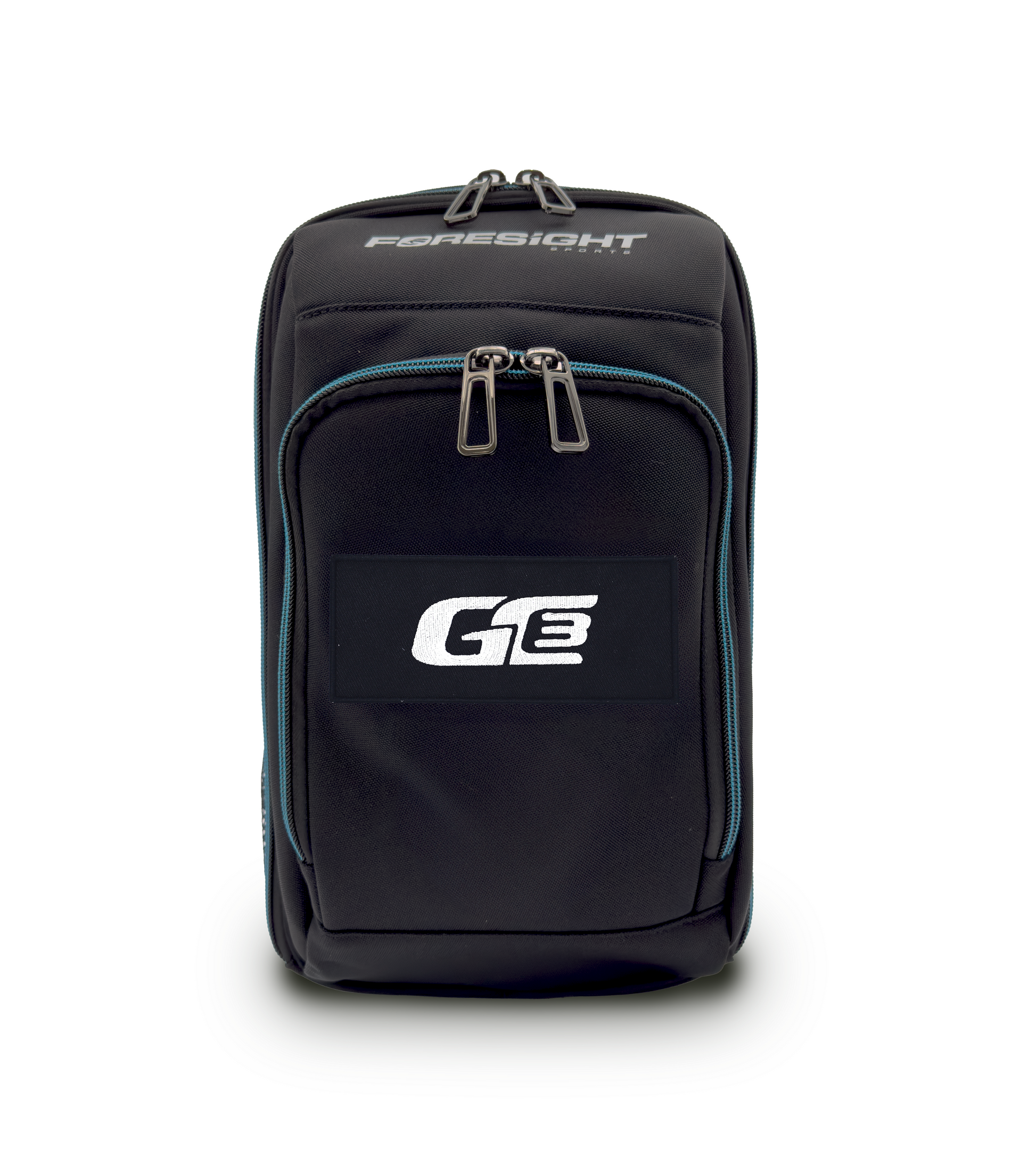 Foresight Sports GC3 launch monitor carrying case in black with teal zipper accents