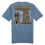 Local Boy Outfitters Spaniel Stand slate blue t-shirt featuring spaniel dog and mallard duck graphic