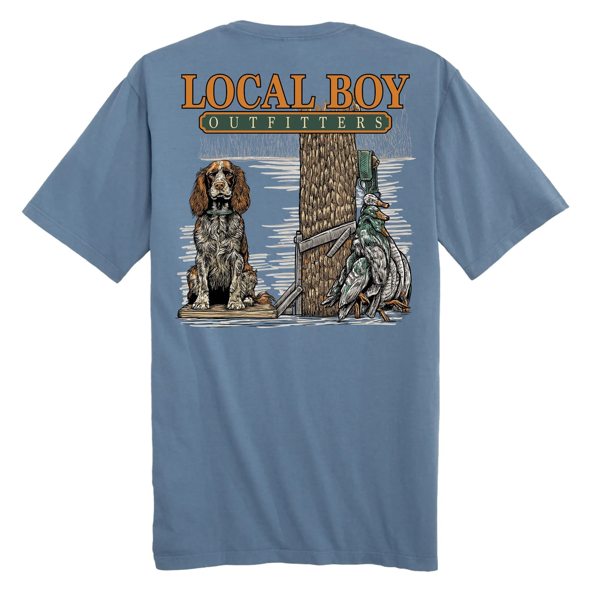 Local Boy Outfitters Spaniel Stand slate blue t-shirt featuring spaniel dog and mallard duck graphic