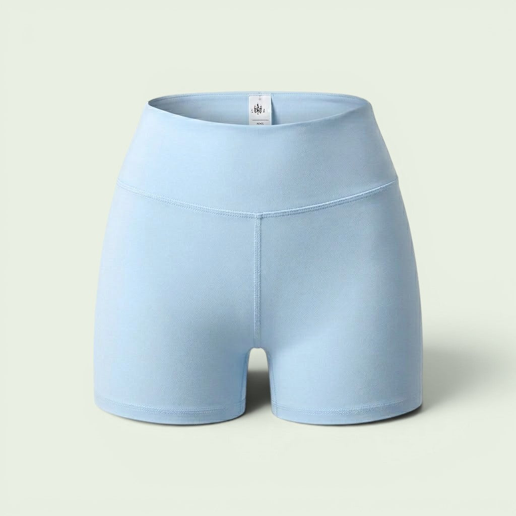 Mercifully Made Short in Sky Blue, high-waisted athletic bike shorts with wide waistband