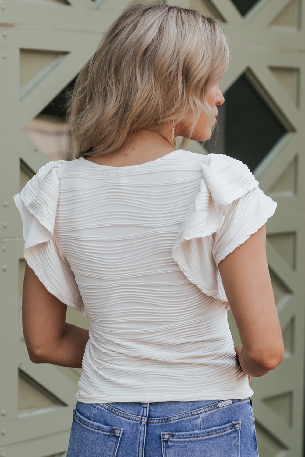 Wavy Textured Ruffle Sleeve - WHITE