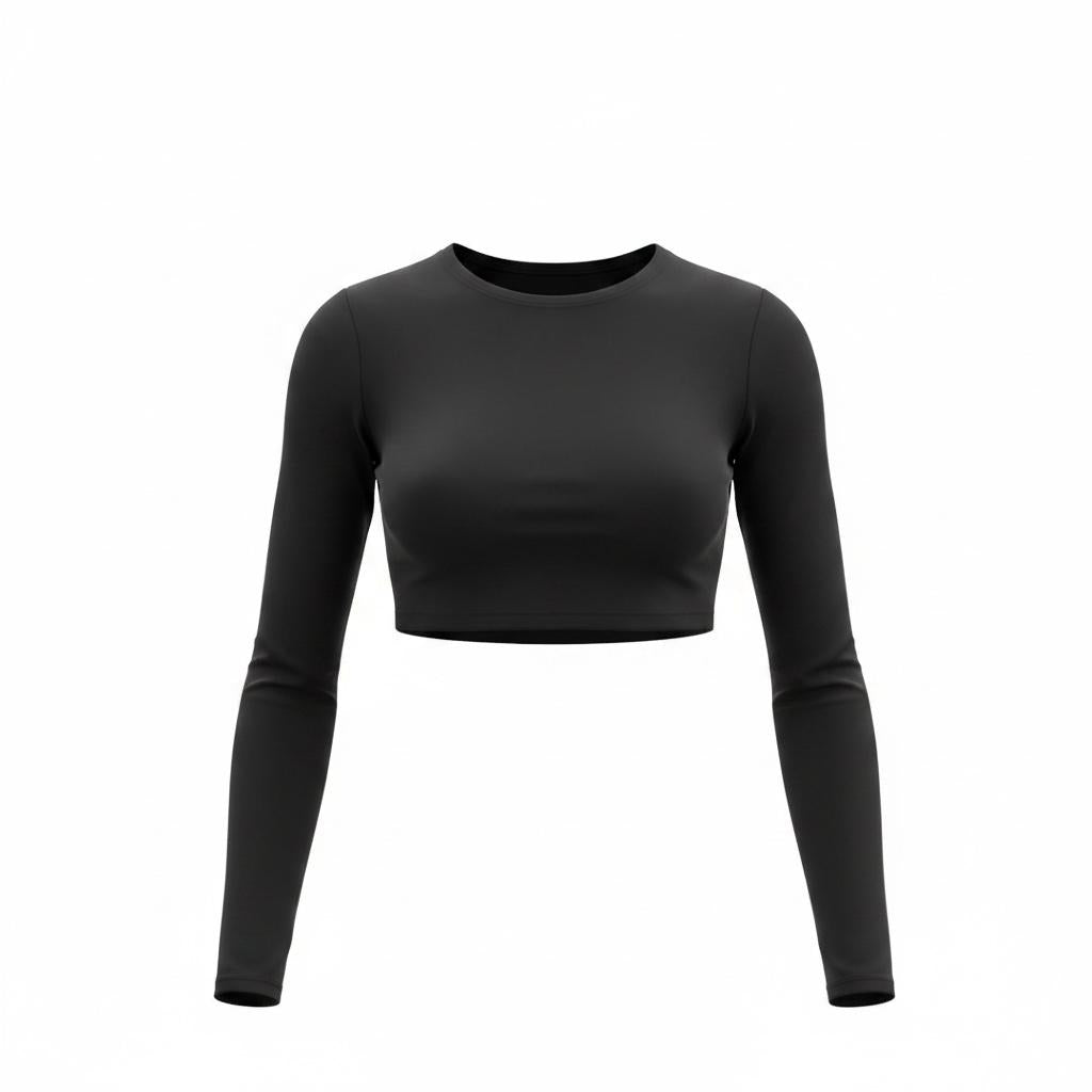 Mercifully Made long sleeve black crop top with crew neckline by Katie Beth Activewear