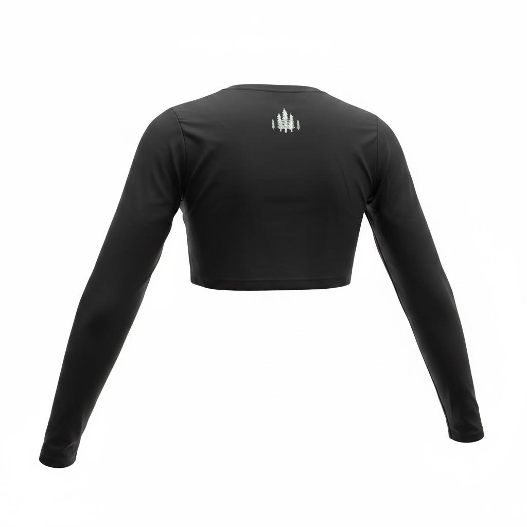 Mercifully Made long sleeve black crop top back view with tree logo embroidery