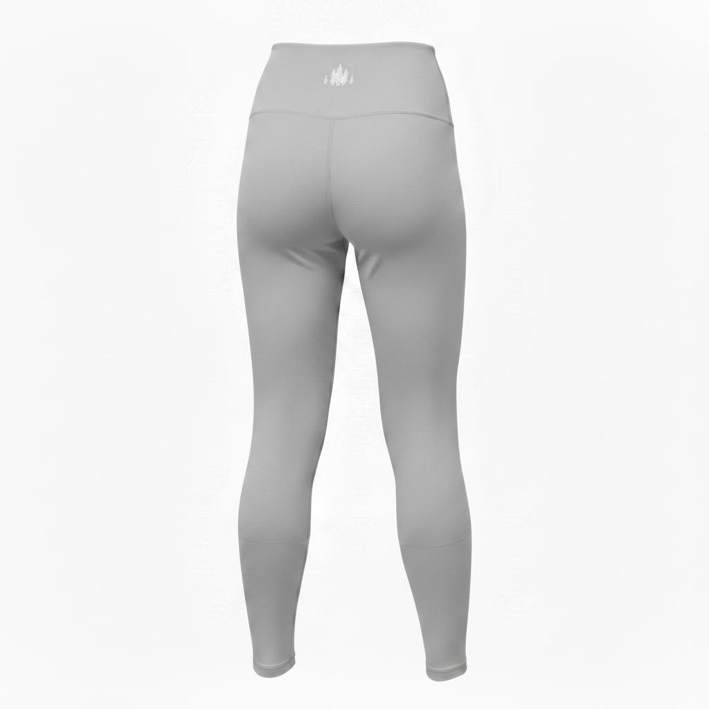 Mercifully Made high-waist leggings in Pebble Gray shown from the back view