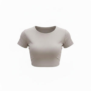 Katie Beth Activewear Mercifully Made Crop top in Pebble Gray short sleeve fitted style