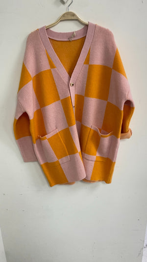 Checkered Cardigan - Pink & Orange