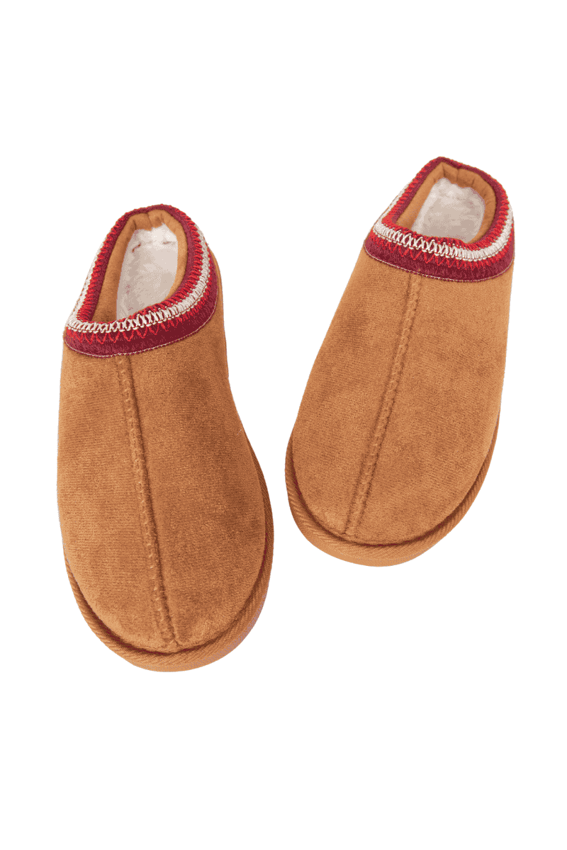 Katydid chestnut brown suede mule slippers with red and cream embroidered collar trim