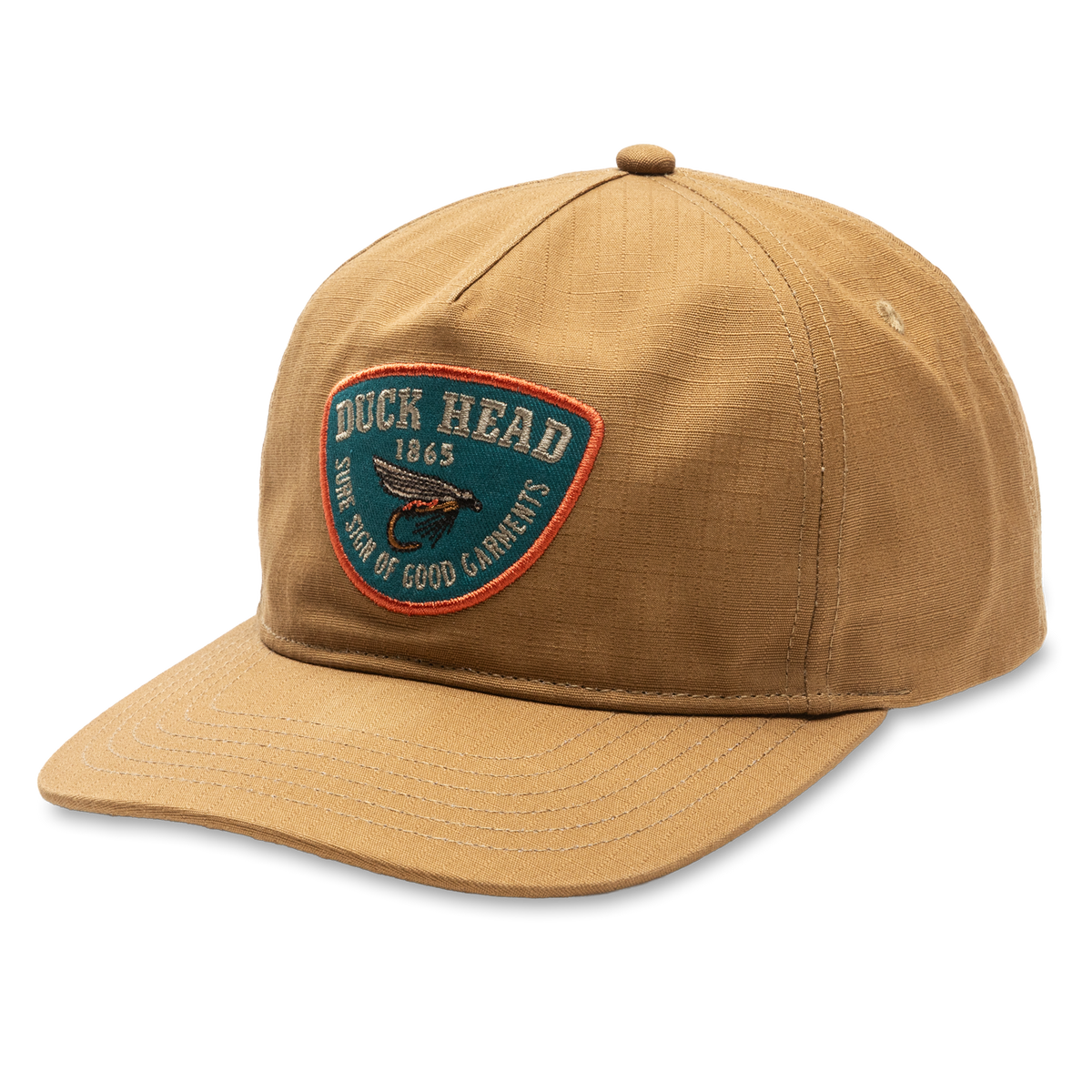 Duck Head Fly Lure Ripstop Unstructured 5 Panel Hat in Bronze Brown with teal embroidered patch