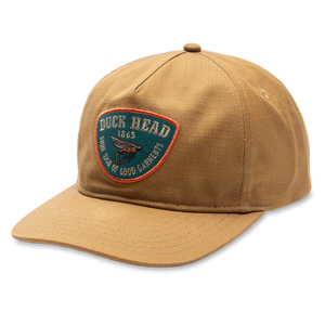 Duck Head Fly Lure Ripstop Unstructured 5 Panel Hat in Bronze Brown with teal embroidered patch