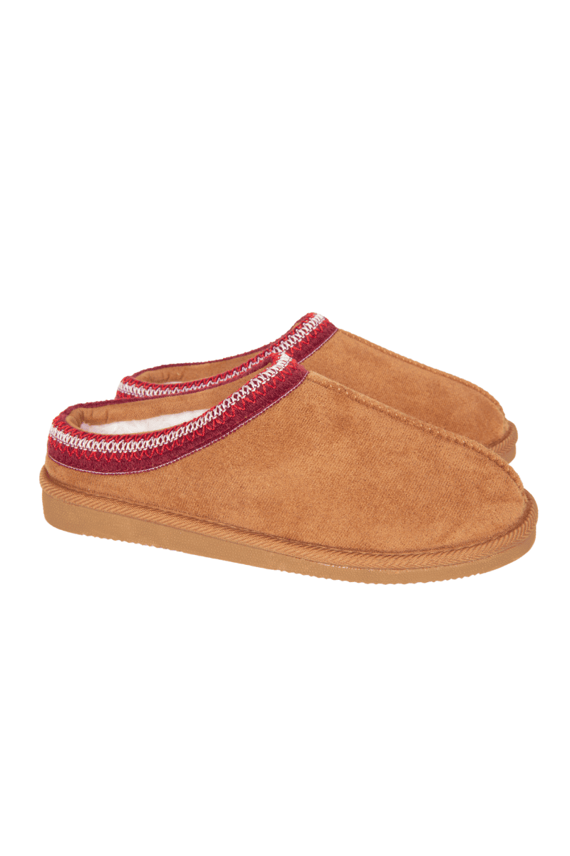 Katydid Chestnut Cozy Slippers with red embroidered trim and rubber sole, pair shown