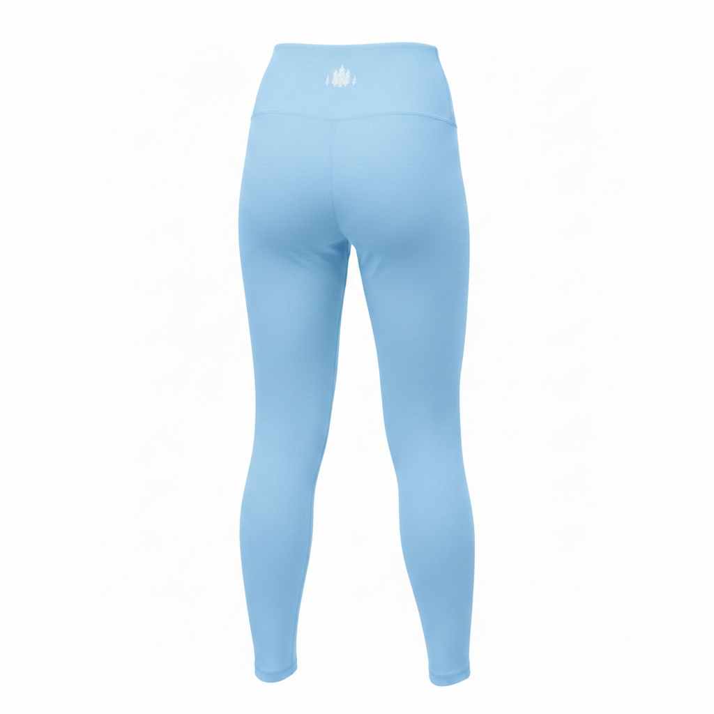 Mercifully Made high-waist sky blue leggings shown from the back with small white logo