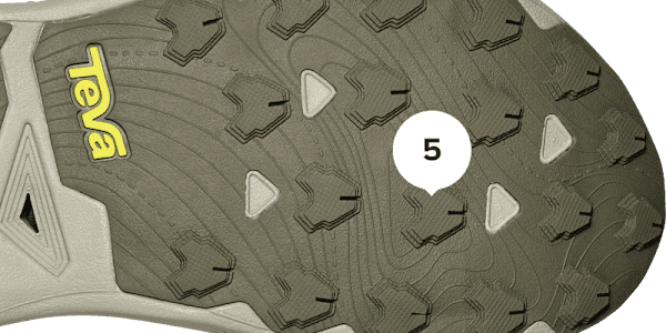 Close-up of Teva Aventrail trail running shoe outsole showing dark lugged tread pattern
