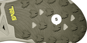 Close-up of Teva Aventrail trail running shoe outsole showing dark lugged tread pattern