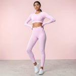 Mercifully Made Crop long sleeve light rose pink athletic crop top and leggings set