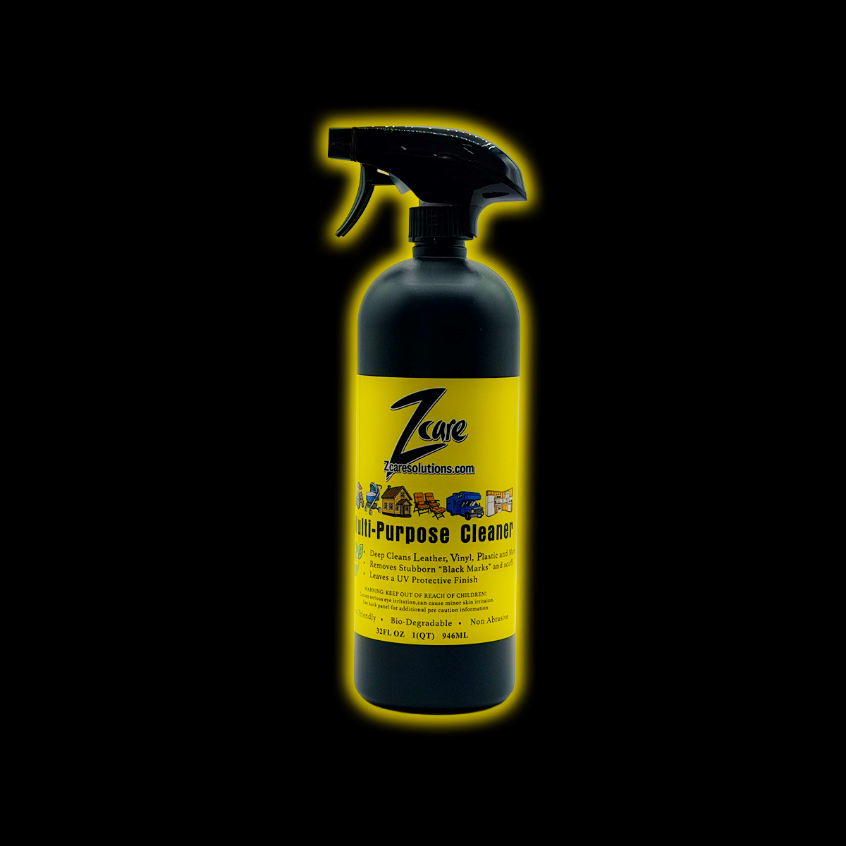 ZCare All-Purpose Cleaner spray bottle with black body and bright yellow label on dark background