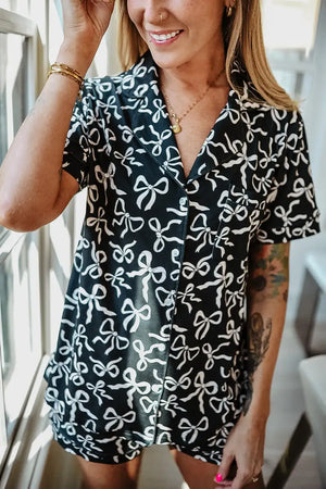 Black Bow Print Pajama Shorts Set